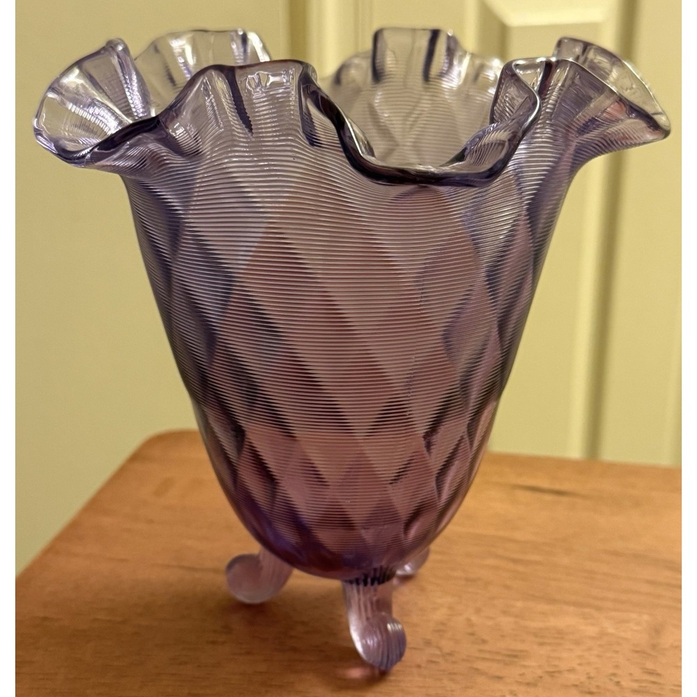Vintage Fenton Glass Wisteria Purple Diamond Pattern Threaded Vase Footed EUC